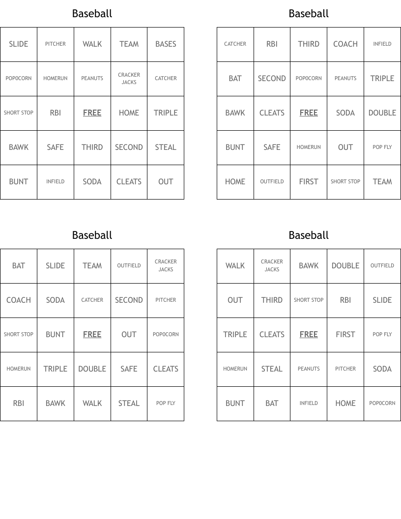 Baseball Bingo Cards