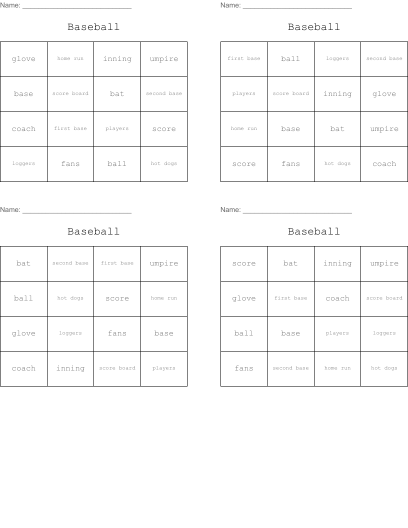 Baseball Bingo Cards