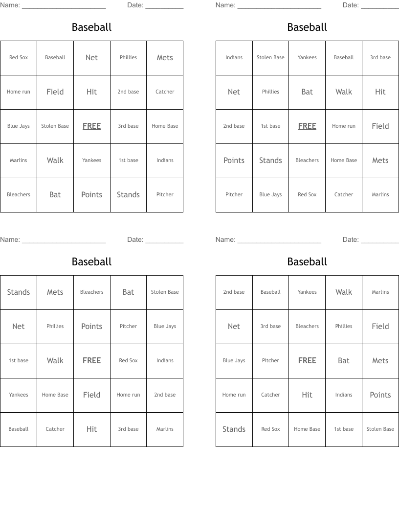 Baseball Bingo Cards