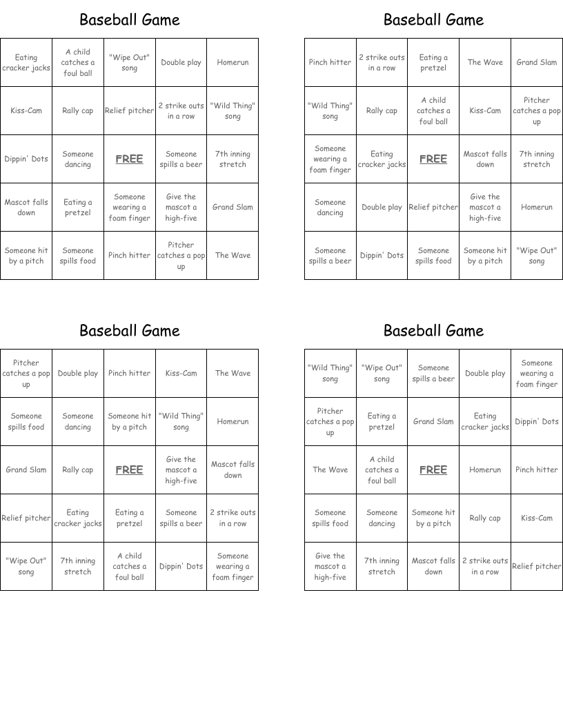 Baseball Game Bingo Cards