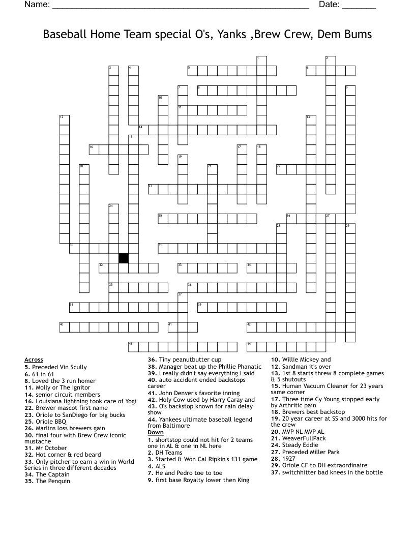 Baseball Home Team special O's, Yanks ,Brew Crew, Dem Bums Crossword