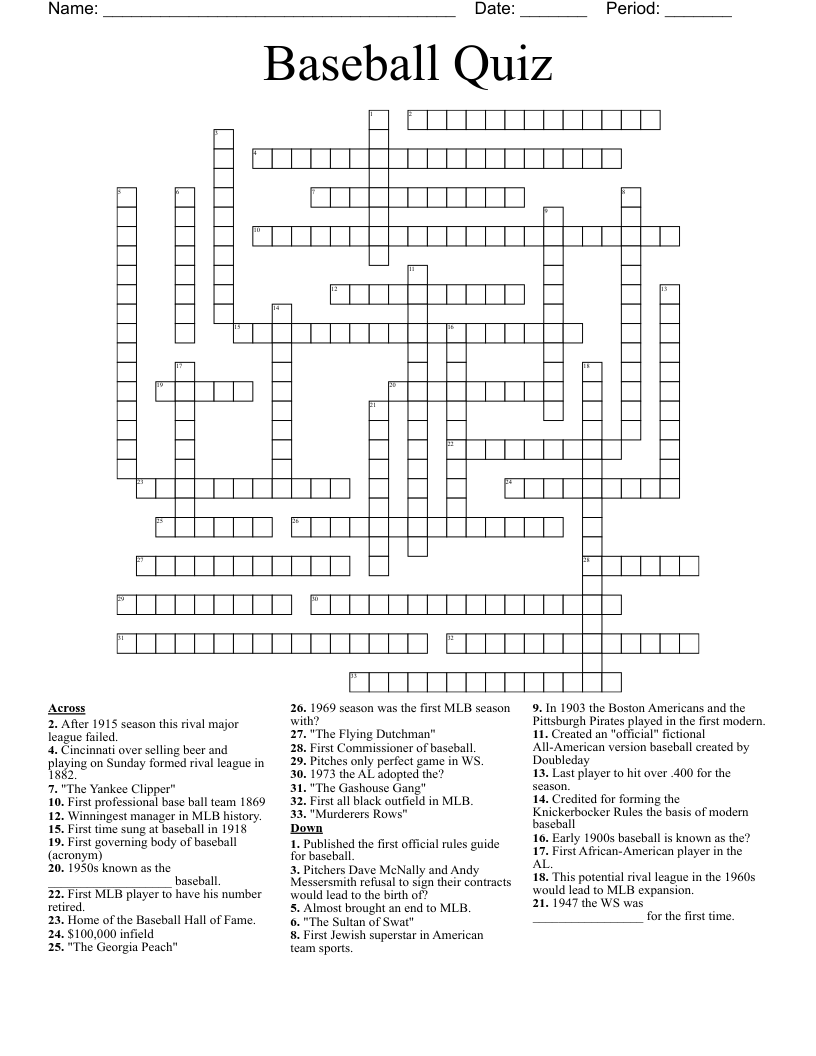 Baseball Quiz Crossword