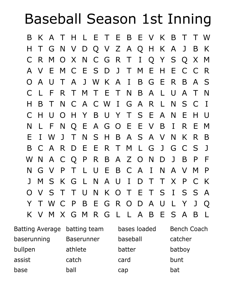 Baseball Season 1st Inning Word Search
