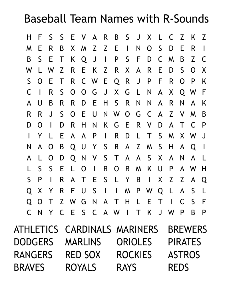 Baseball Team Names with R-Sounds Word Search