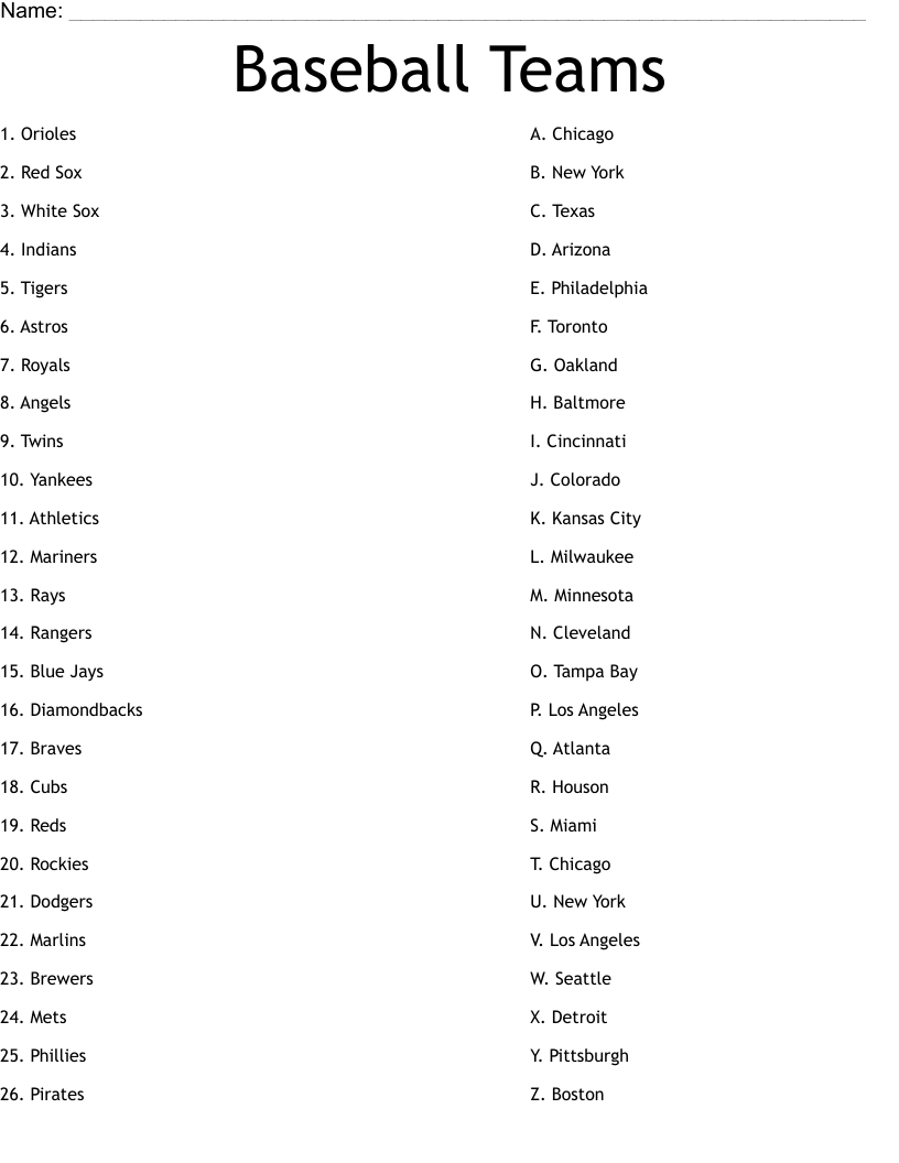 Baseball Teams Worksheet