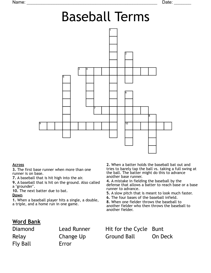 Baseball Terms Crossword