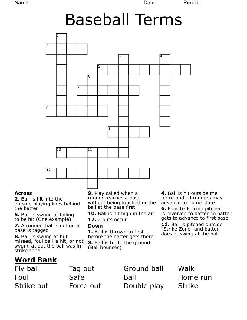 Baseball Terms Crossword