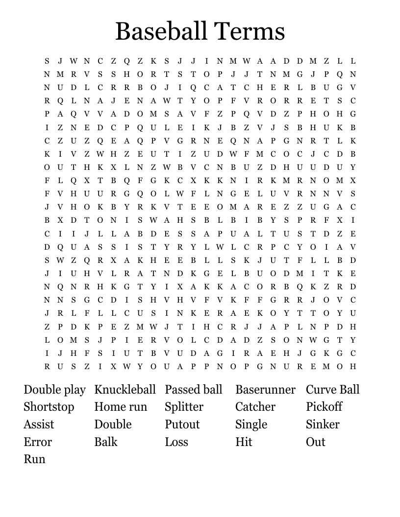 Baseball Terms  Word Search