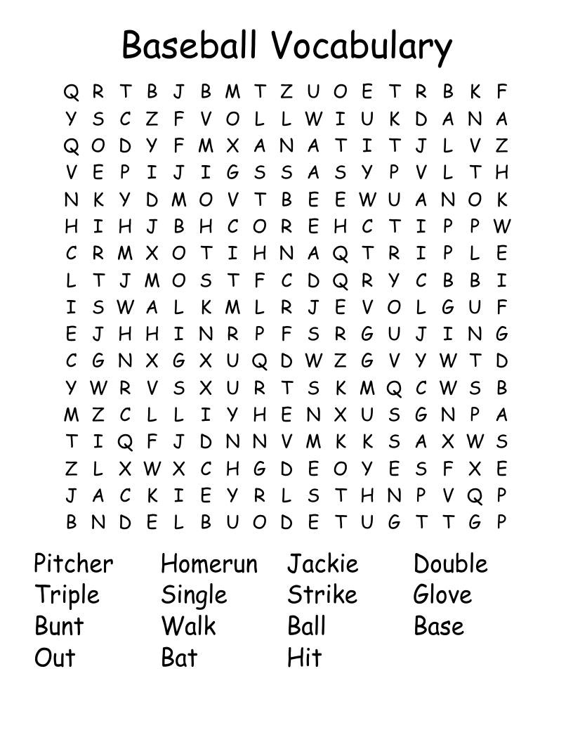 Baseball Vocabulary Word Search