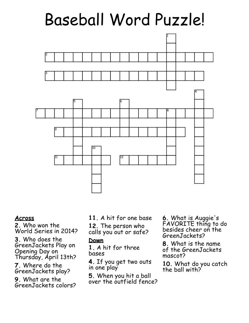 Baseball Word Puzzle! Crossword