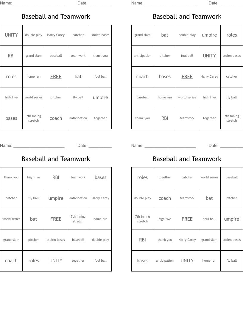 Baseball and Teamwork Bingo Cards