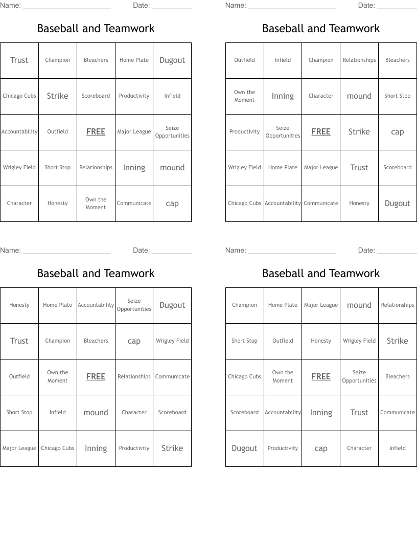 Baseball and Teamwork Bingo Cards