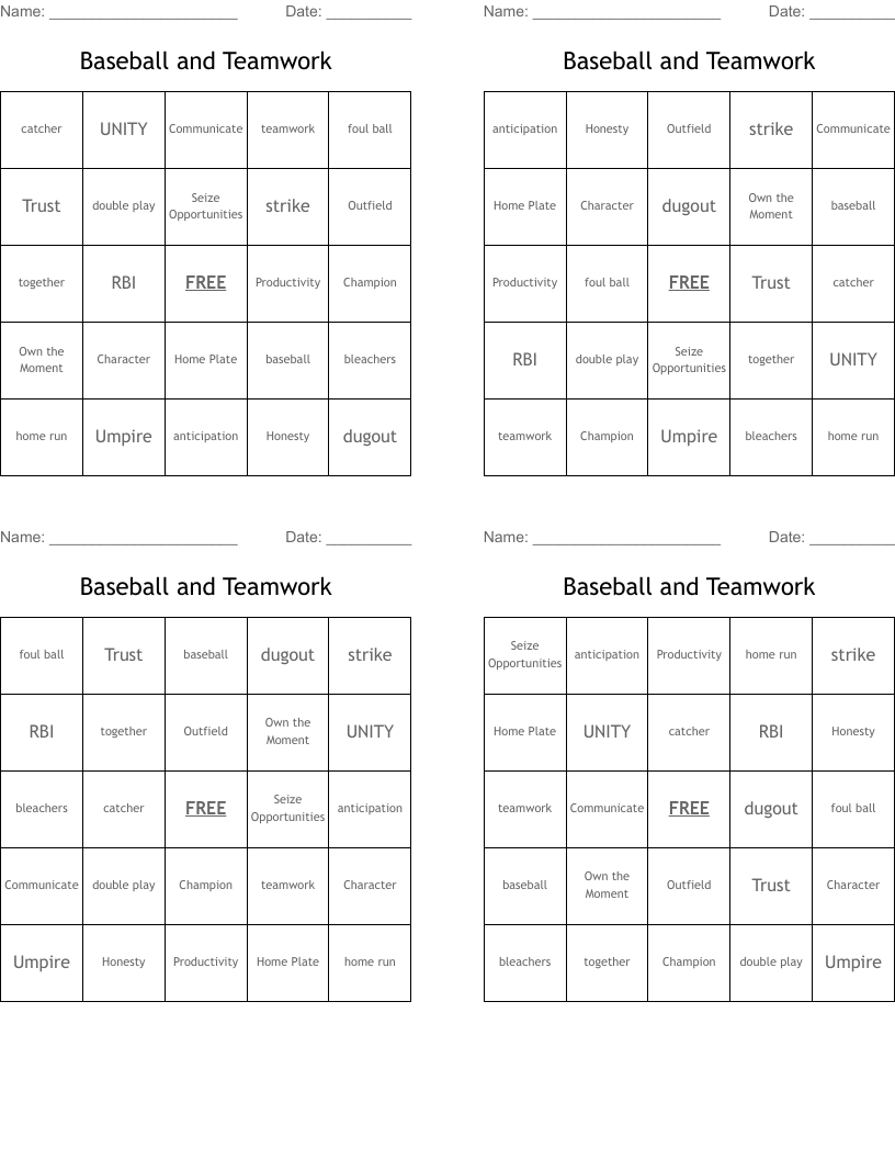 Baseball and Teamwork Bingo Cards