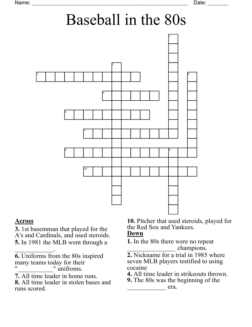 Baseball in the 80s Crossword