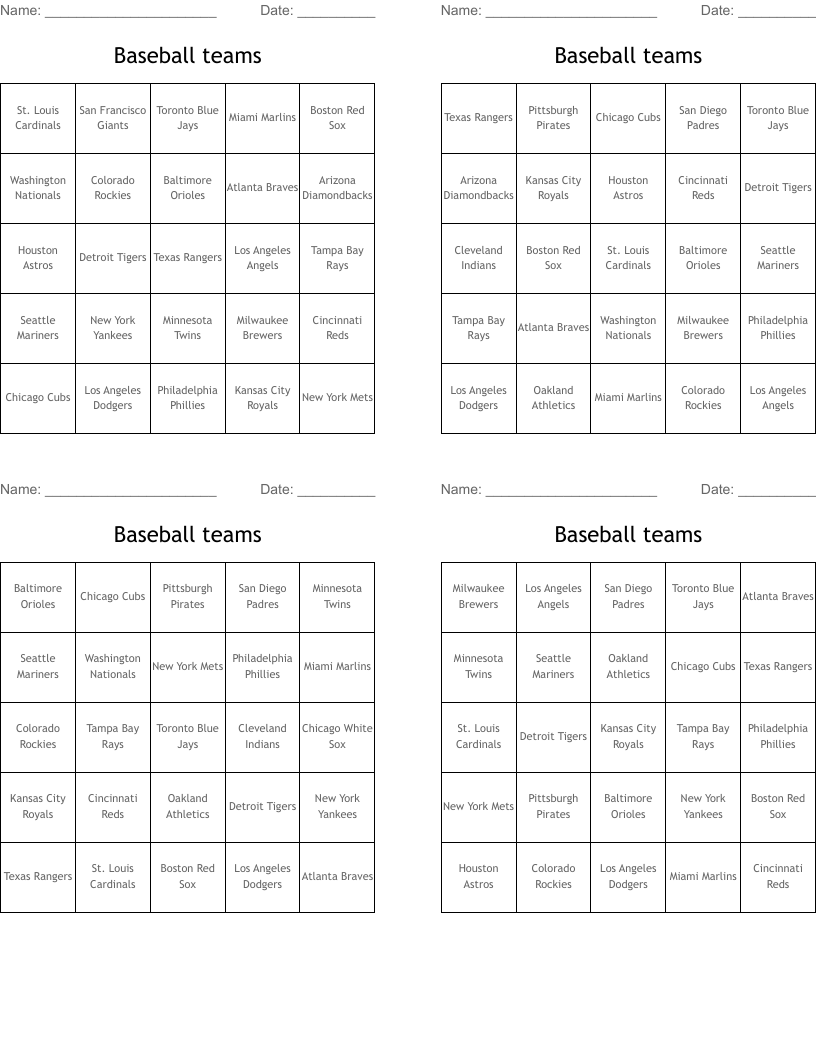 Baseball teams Bingo Cards