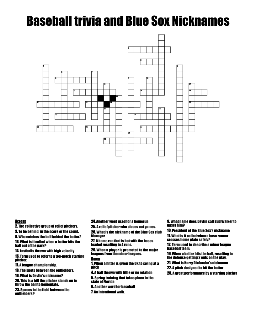 Baseball trivia and Blue Sox Nicknames Crossword