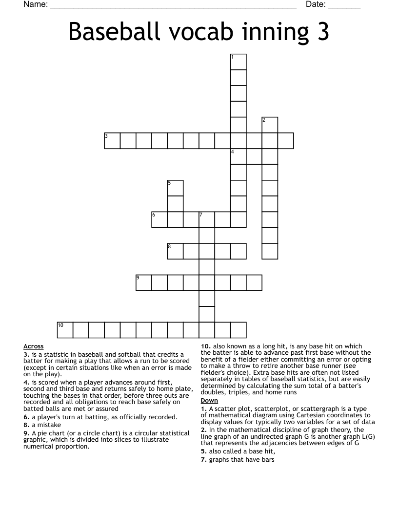 Baseball vocab inning 3 Crossword
