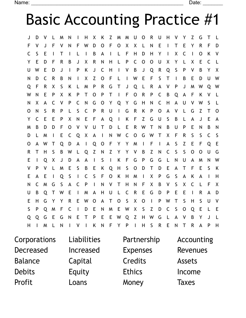 Basic Accounting Practice #1 Word Search
