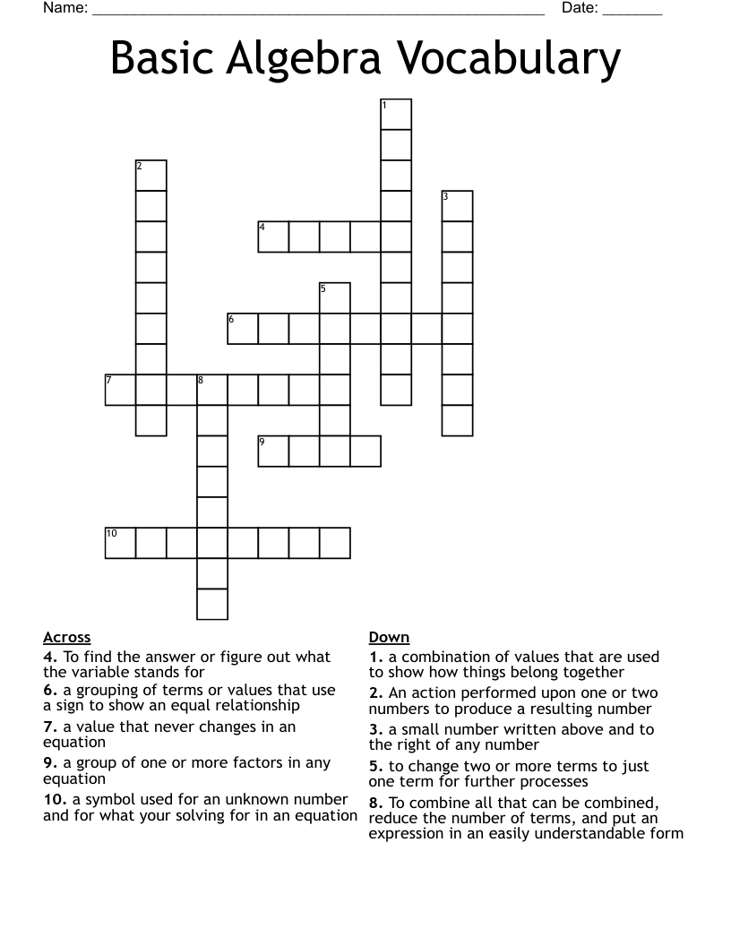 Basic Algebra Vocabulary Crossword