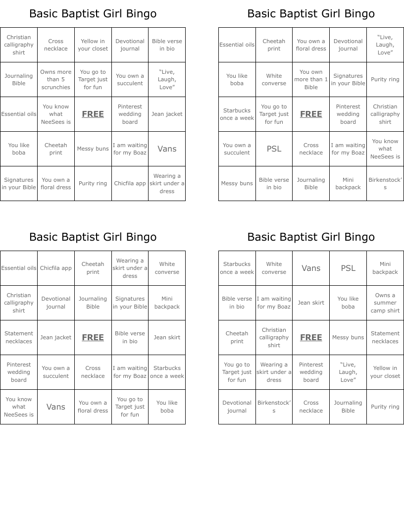 Basic Baptist Girl Bingo