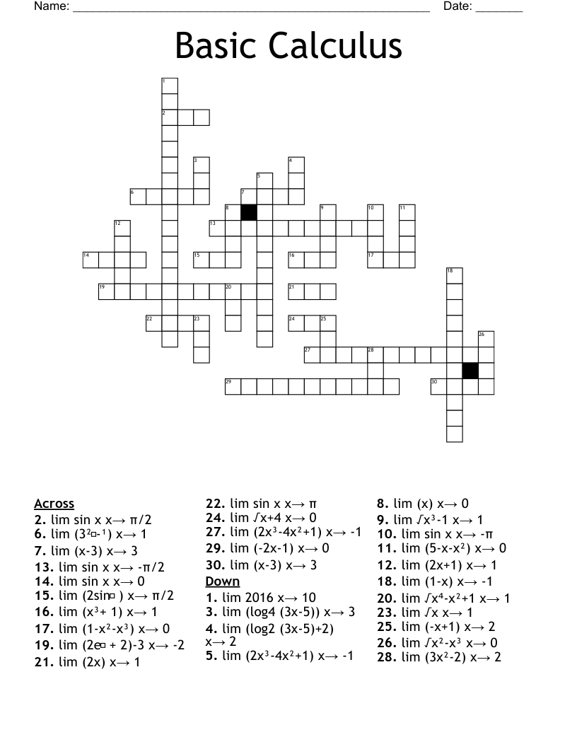 Basic Calculus Crossword