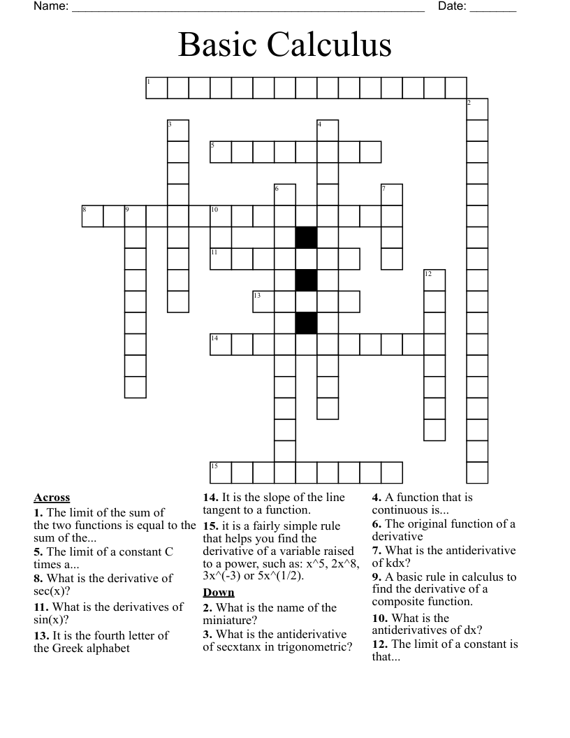 Basic Calculus Crossword