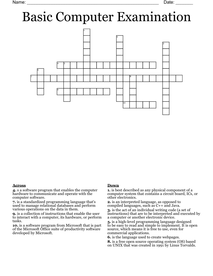 Basic Computer Examination Crossword