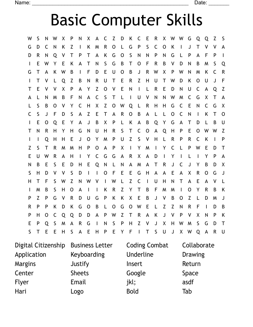 Basic Computer Skills Word Search