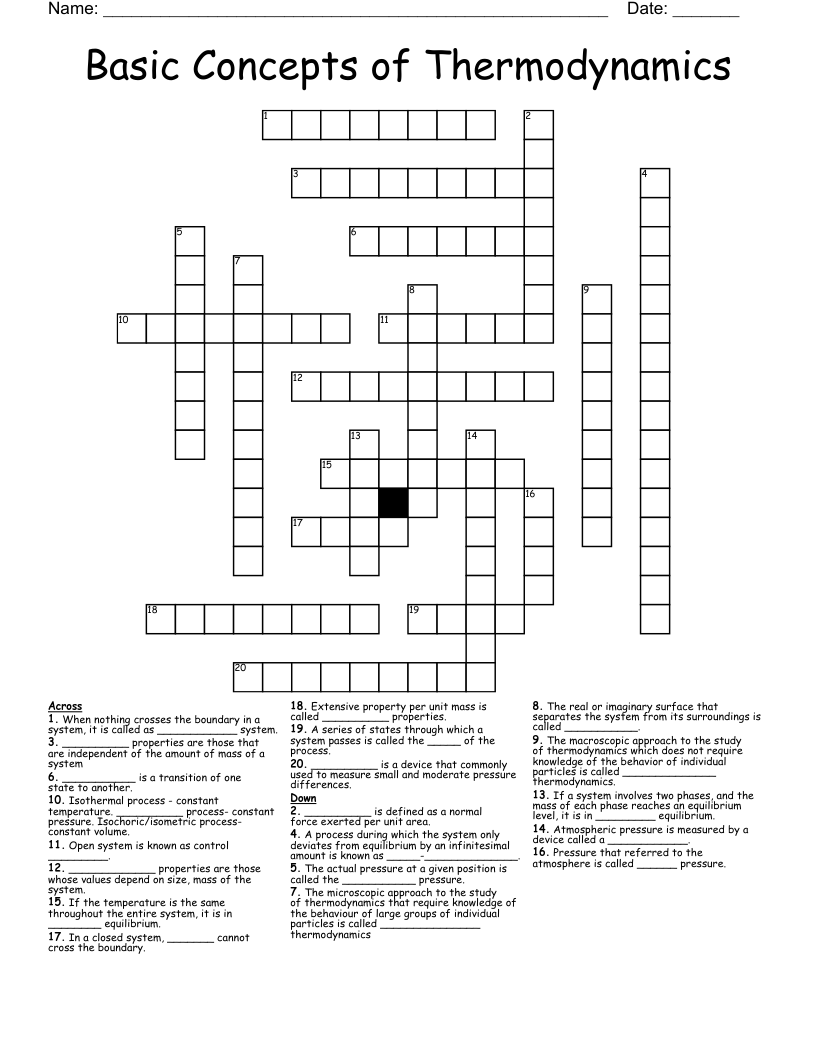Basic Concepts of Thermodynamics Crossword