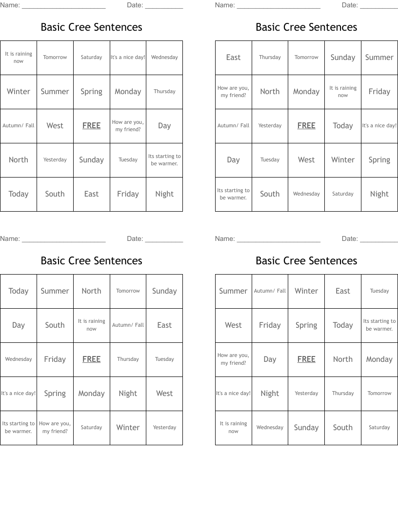 Basic Cree Sentences Bingo Cards