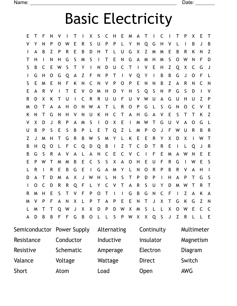 Basic Electricity Word Search