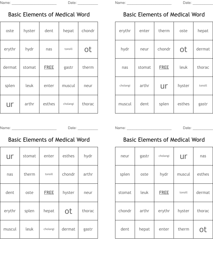 Basic Elements of Medical Word Bingo Cards