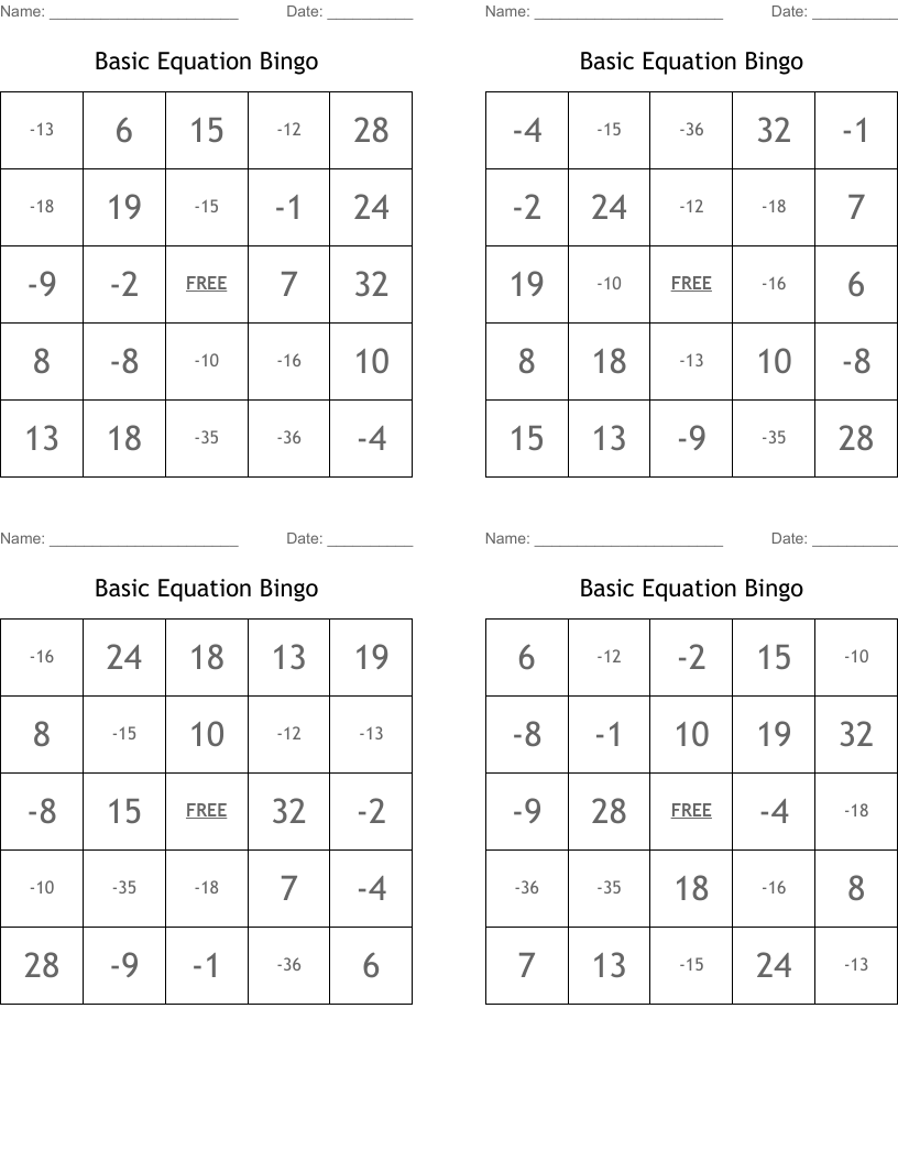 Basic Equation Bingo