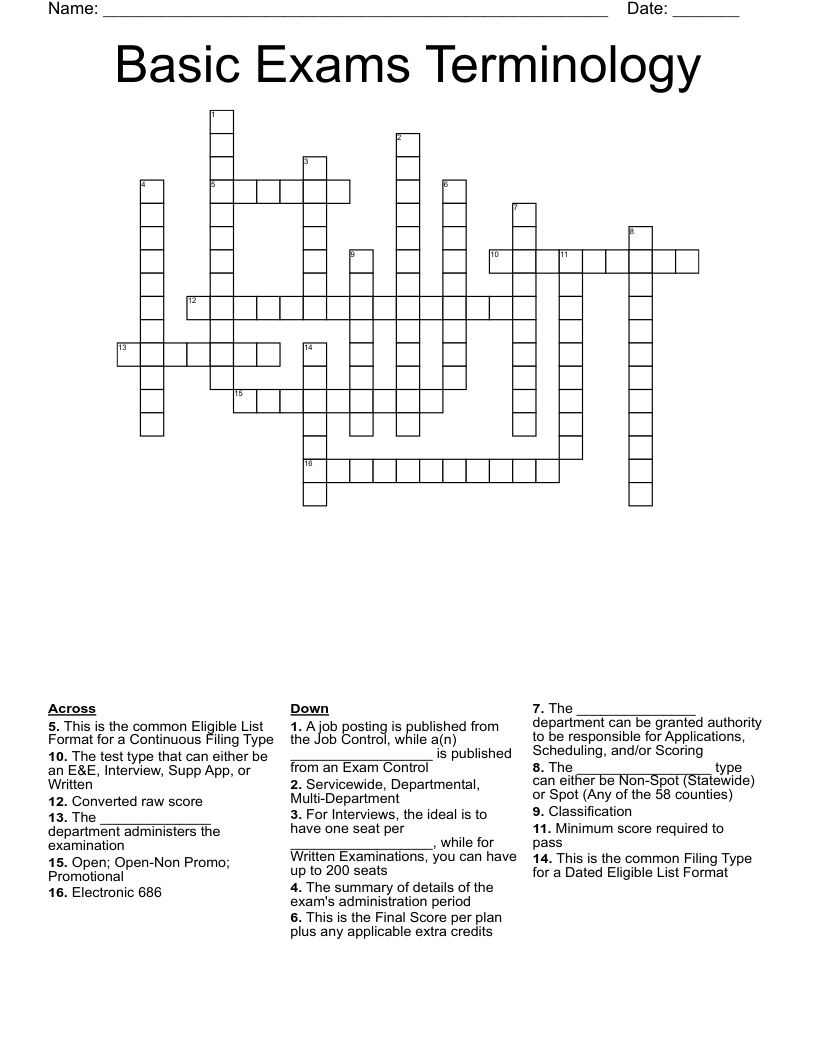 Basic Exams Terminology Crossword