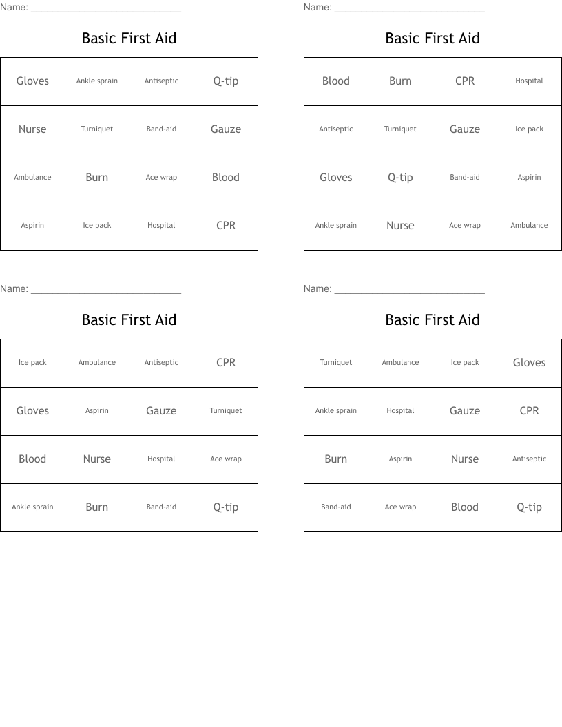 Basic First Aid Bingo Cards