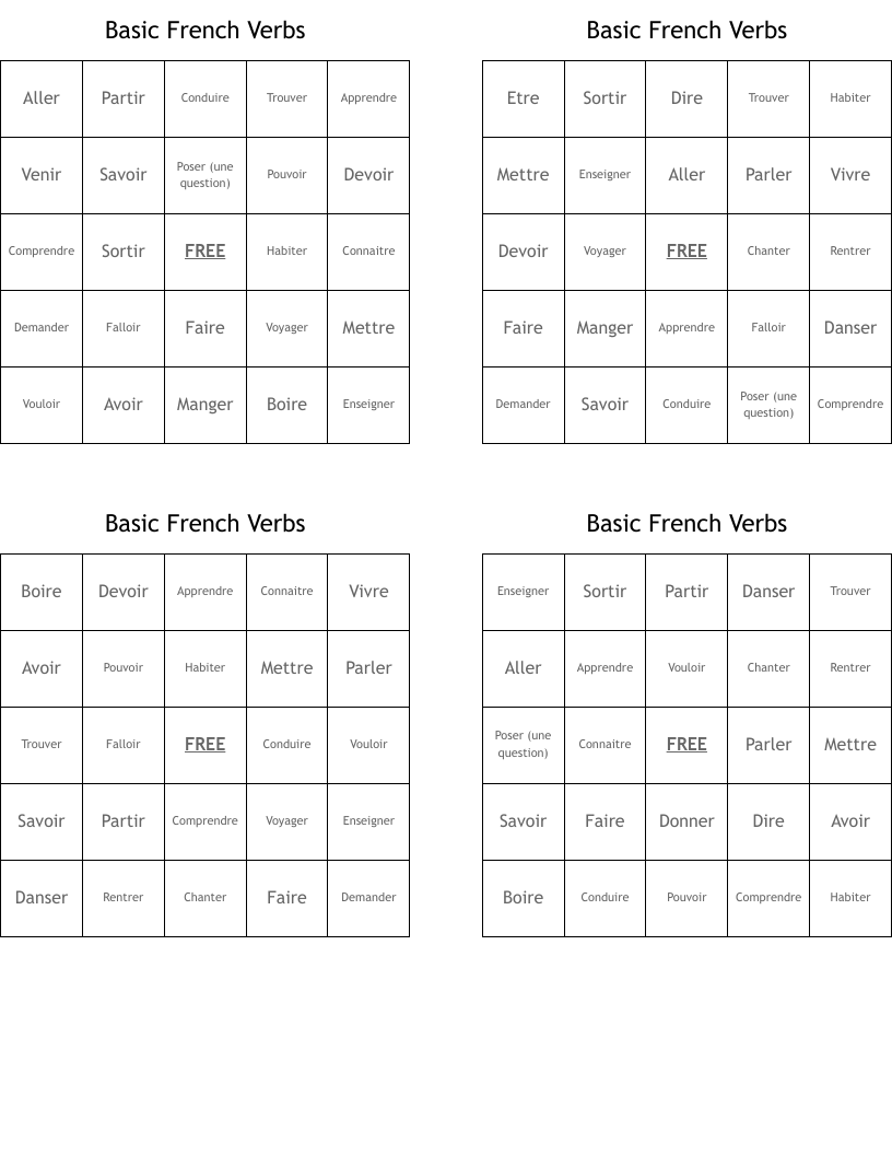 Basic French Verbs Bingo Cards
