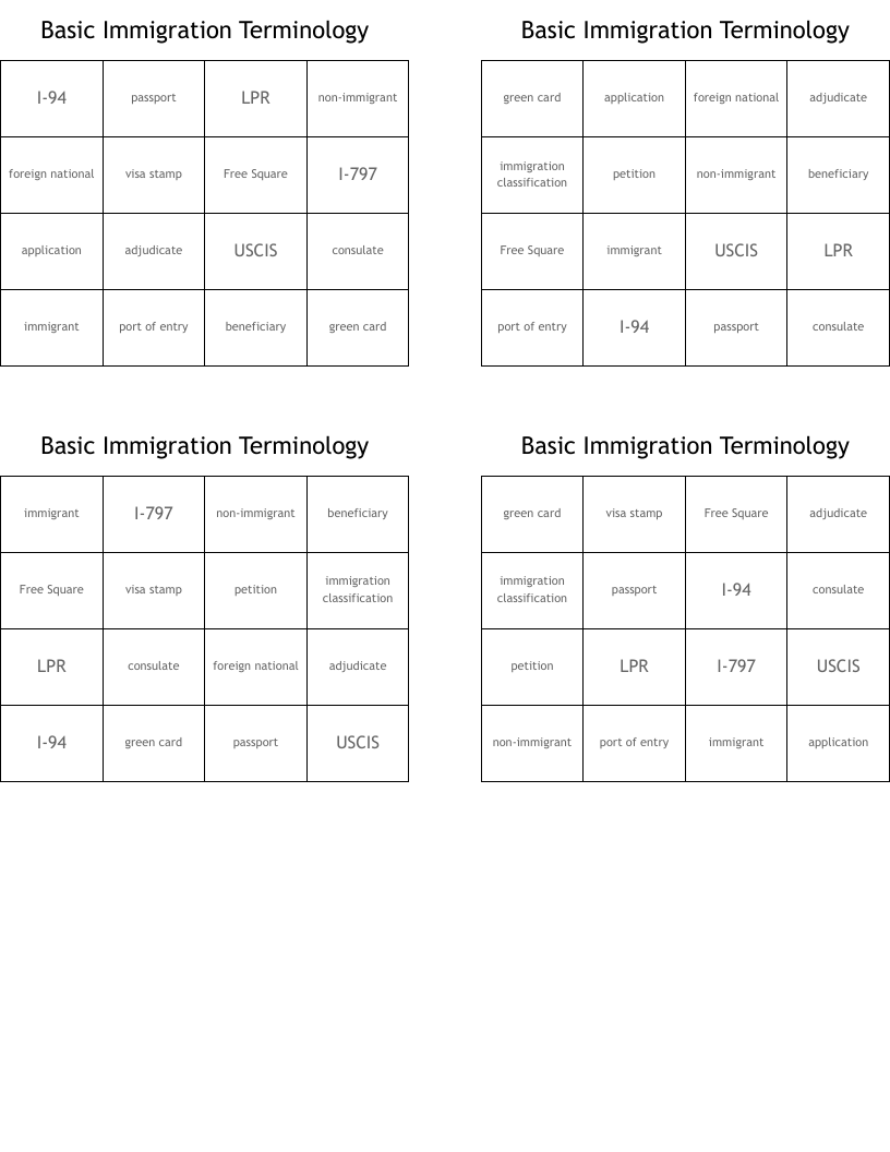 Basic Immigration Terminology Bingo Cards