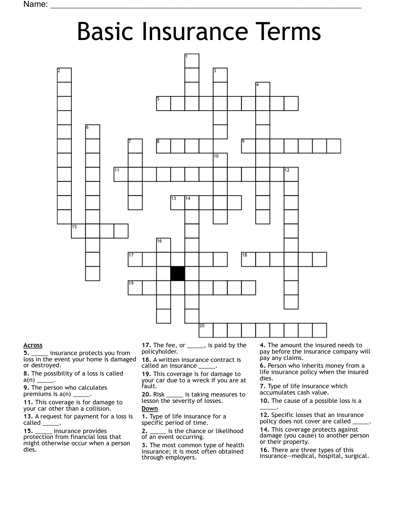 Basic Insurance Terms Crossword
