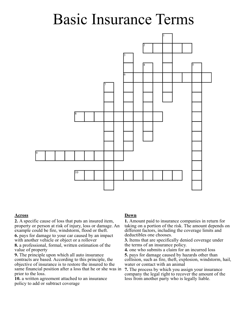 Basic Insurance Terms Crossword