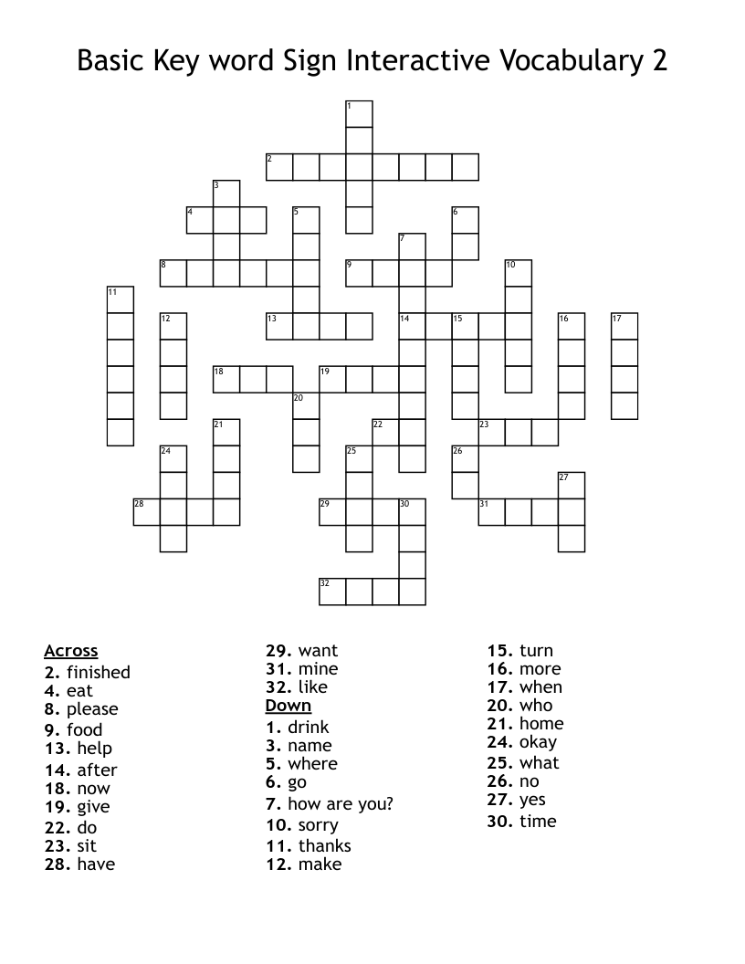 Basic Key word Sign Interactive Vocabulary 2 Crossword