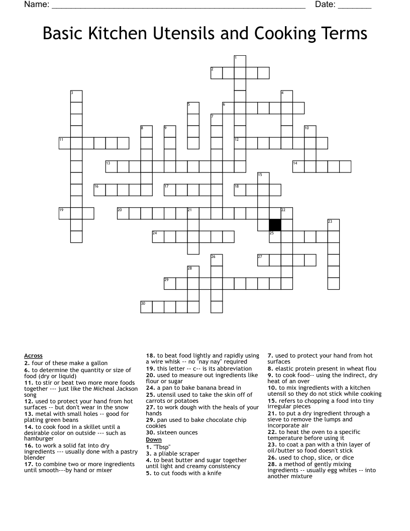 Basic Kitchen Utensils and Cooking Terms Crossword