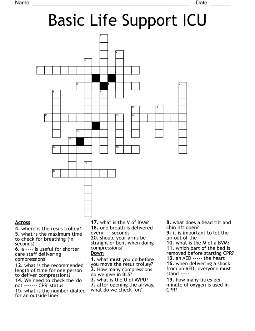 Basic Life Support ICU Crossword
