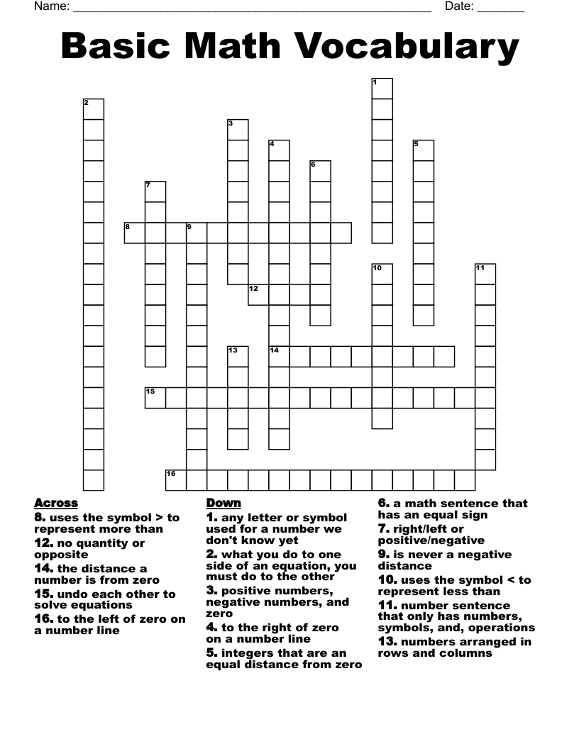 Basic Math Vocabulary Crossword