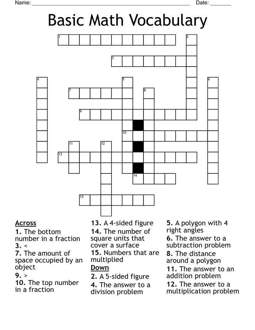Basic Math Vocabulary Crossword