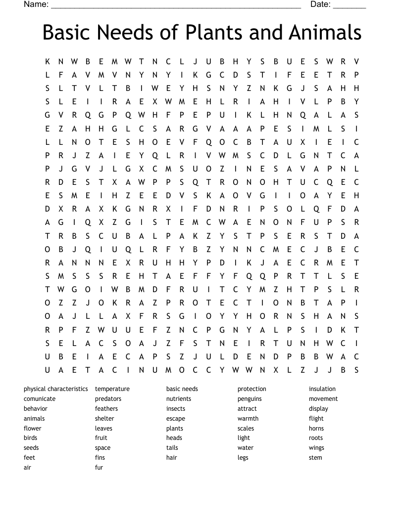 Basic Needs of Plants and Animals Word Search