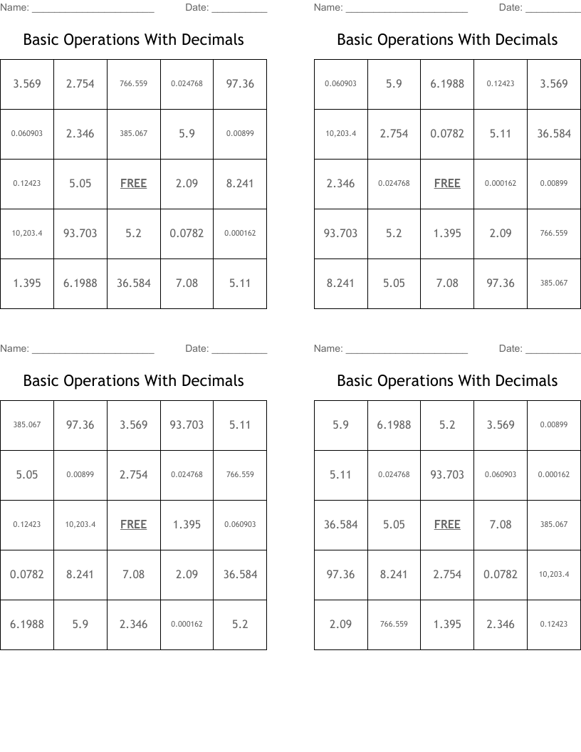 Basic Operations With Decimals Bingo Cards