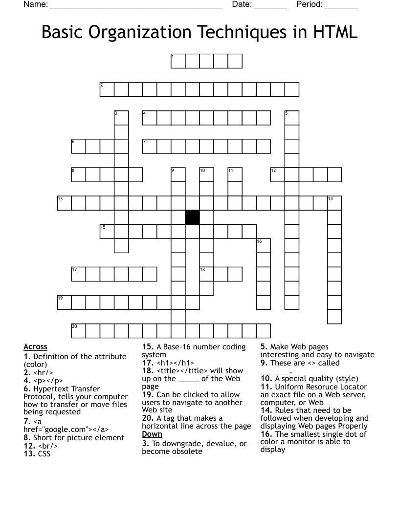 Basic Organization Techniques in HTML Crossword