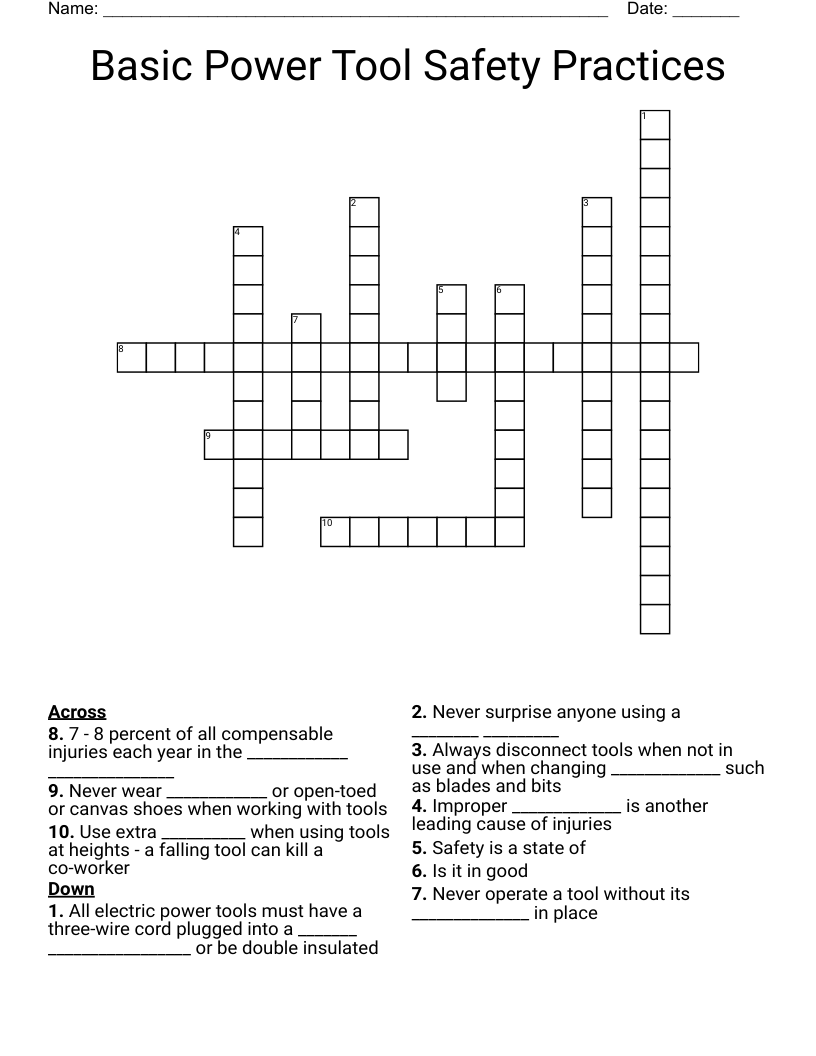 Basic Power Tool Safety Practices  Crossword