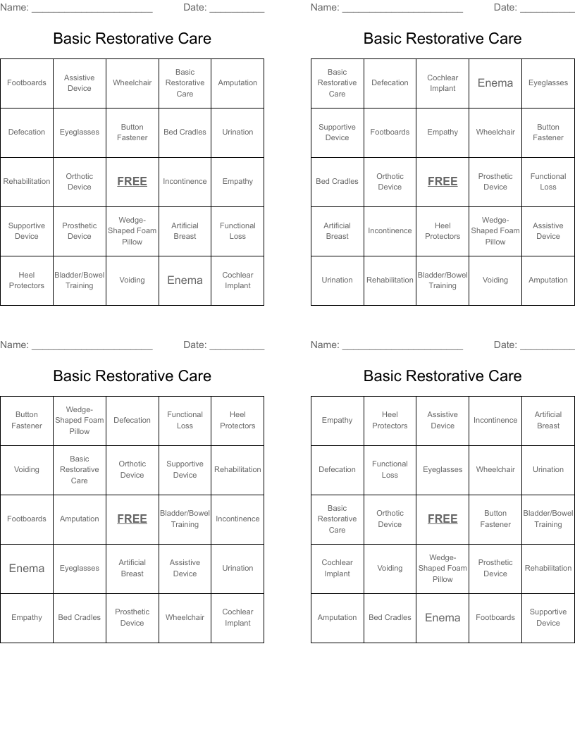 Basic Restorative Care Bingo Cards