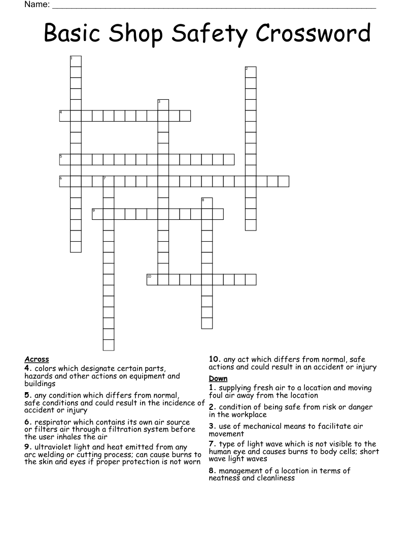 Basic Shop Safety Crossword